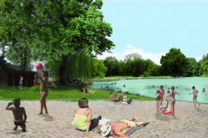 Aménagement envisagé pour le sud du Lac Daumesnil afin d'y permettre la Baignade. DR